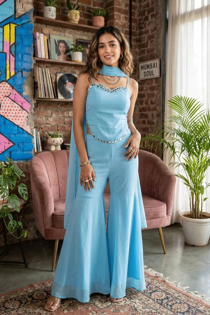 Designer Sleeveless Top Sharara Suit For Gen Z Girl