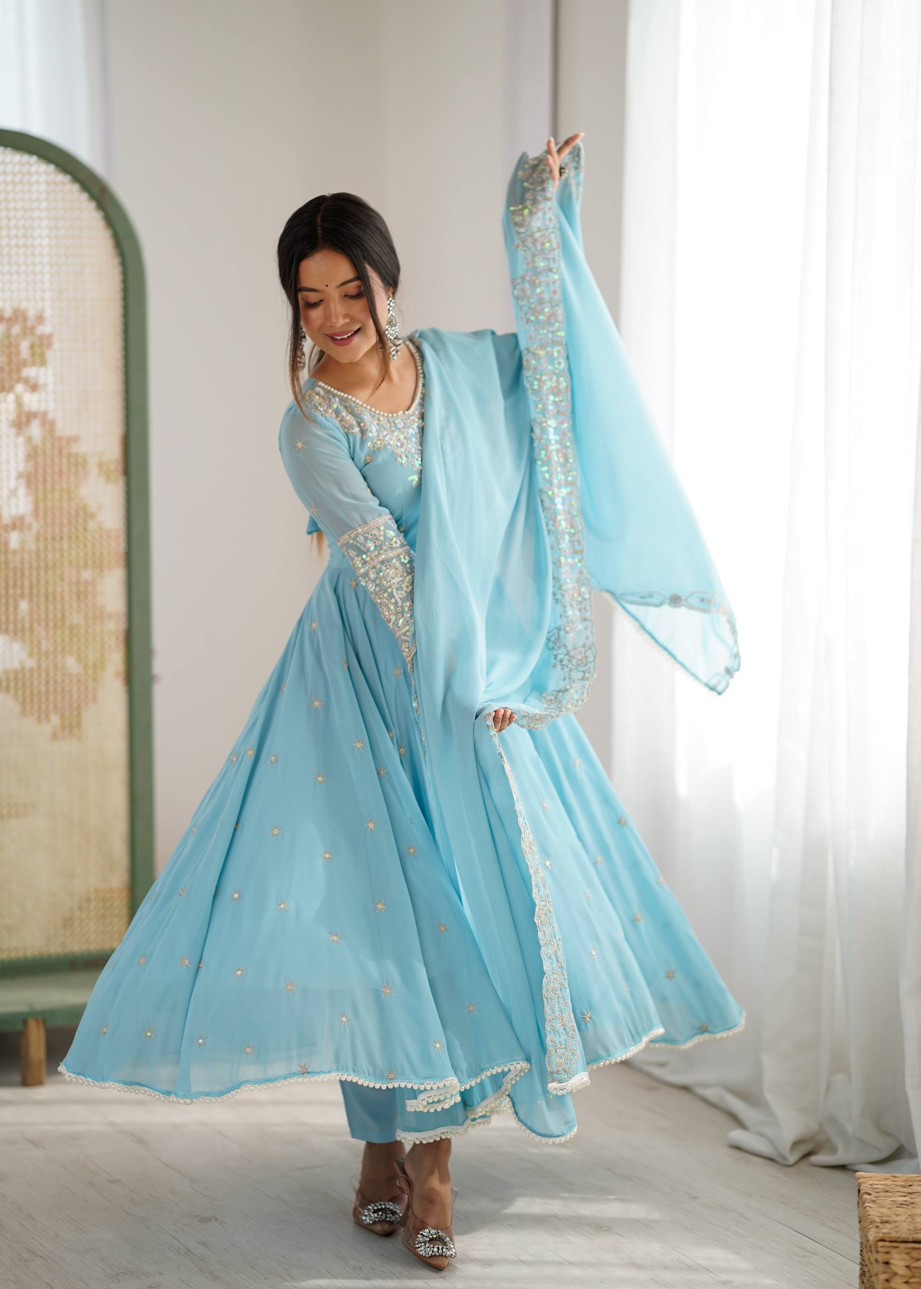 Floral Embroidered Sequinned Georgette Kurta With Palazzos & Dupatta