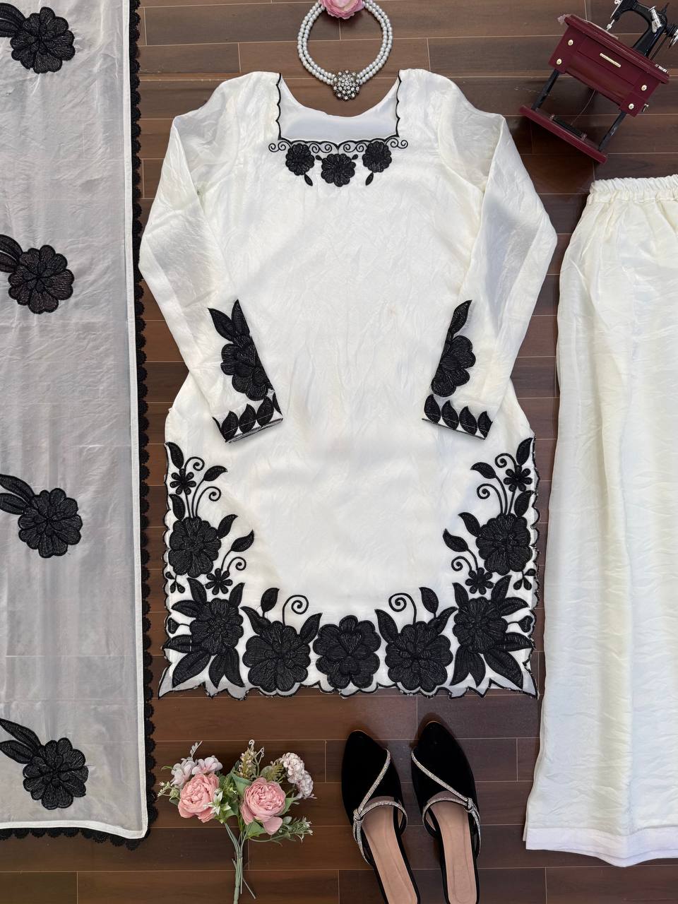 Easy Wear White Fendy Silk Embroidered Top Farshi Pant Set with Lace Dupatta