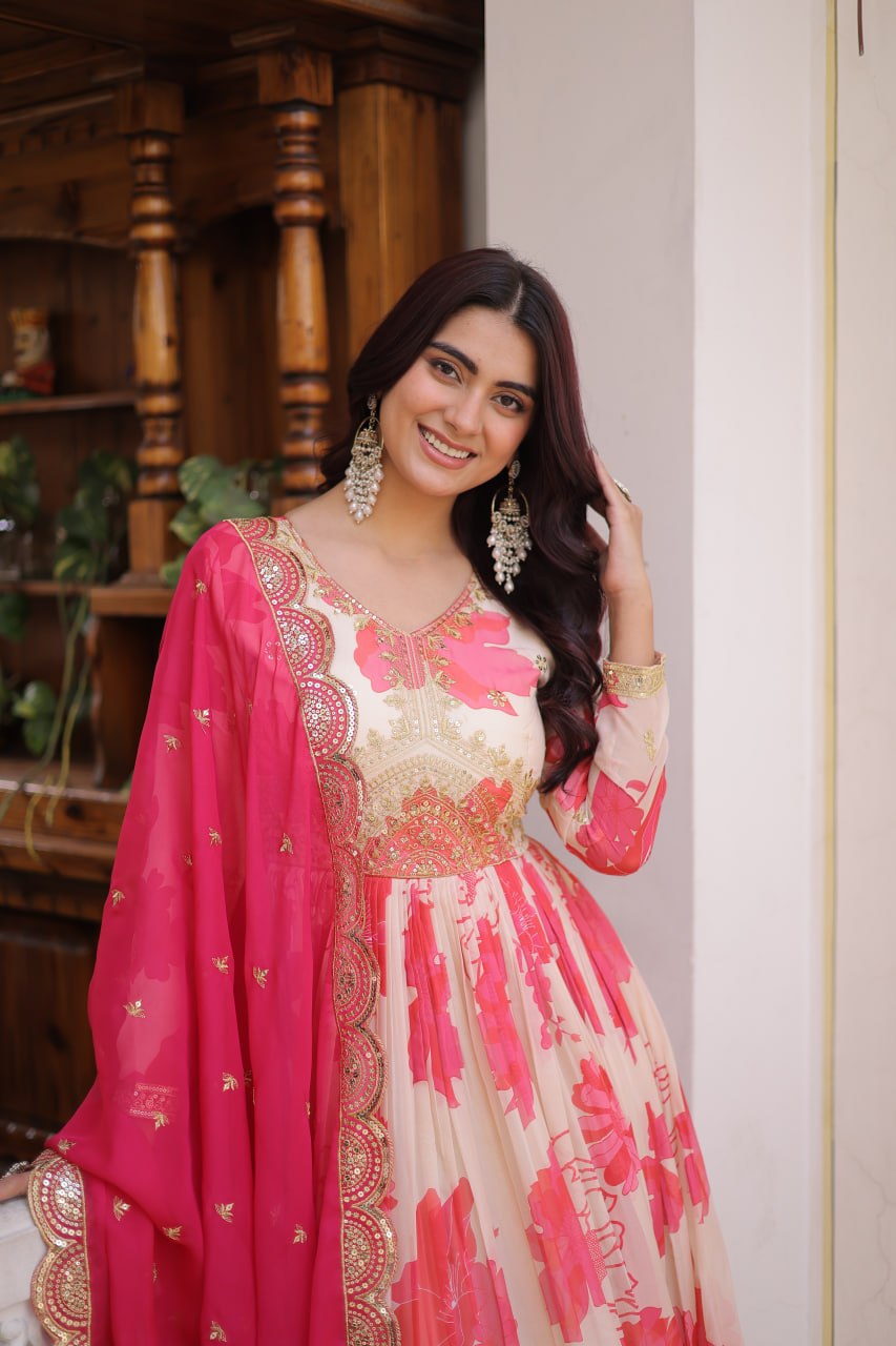 Beautiful Cream Floral Printed Silk Engagement Wear Anarkali Gown