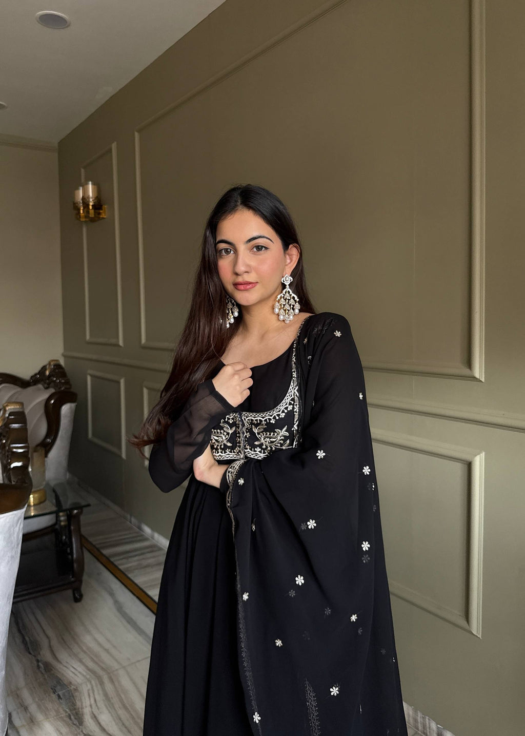 Black Color Faux Georgette Embroidered Anarkali Suit