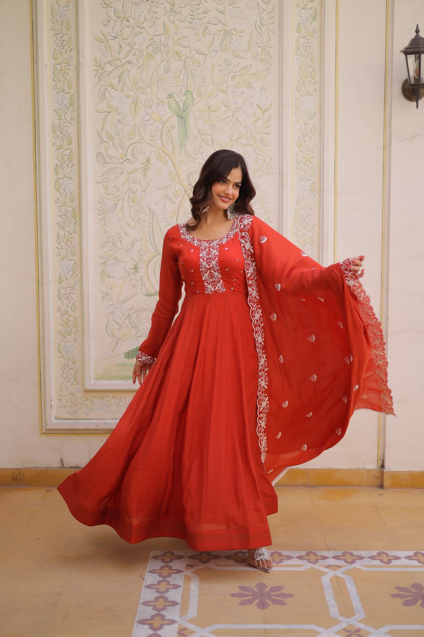 Sweet Rust Orange Bead Work Chanderi Wedding Wear Gown With Dupatta