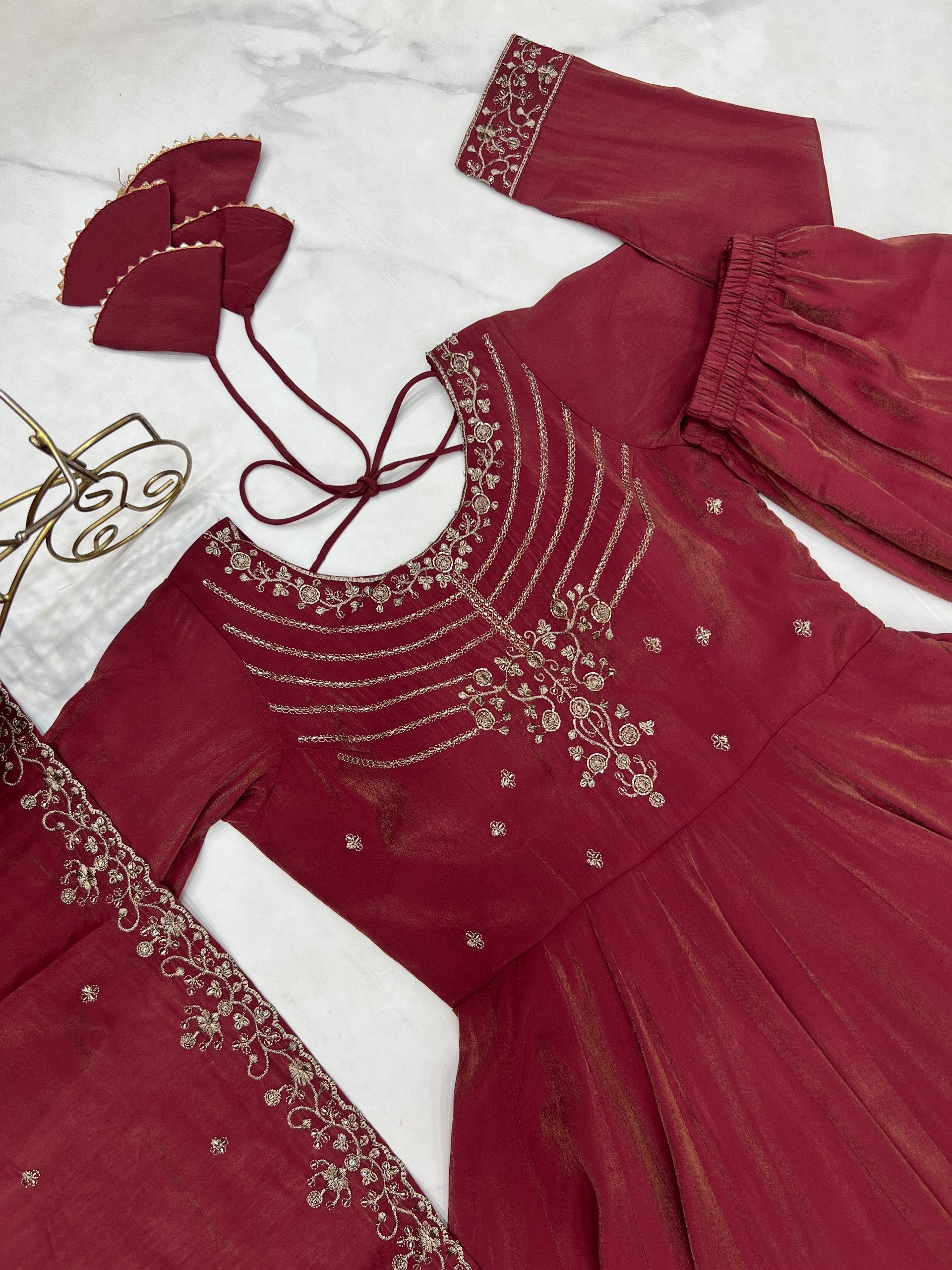 Maroon Chanderi Silk Anarkali Set with Handwork Beads