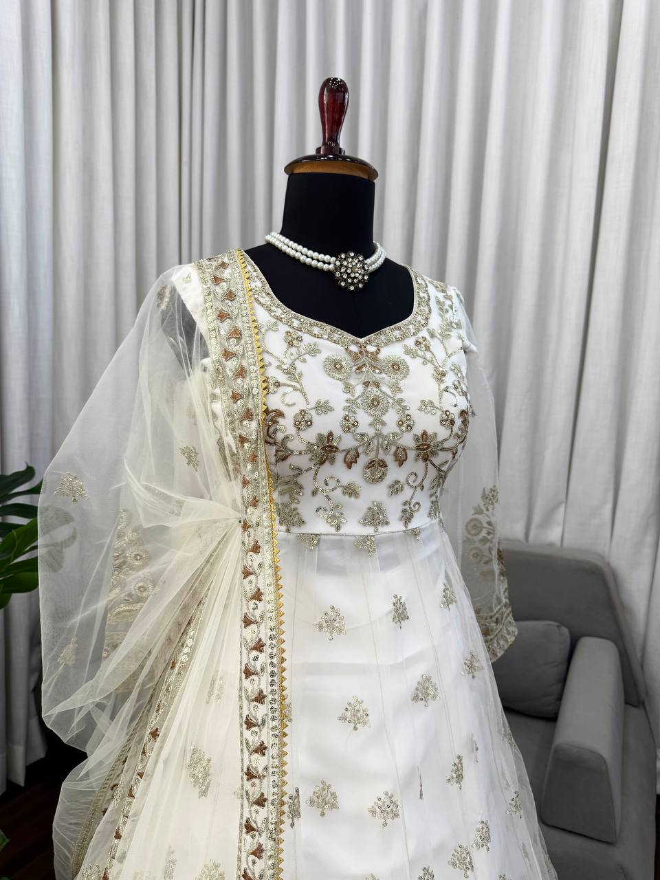 Stunning White Festive Wear Lehenga Gown With Gota Patti and Fancy Lace