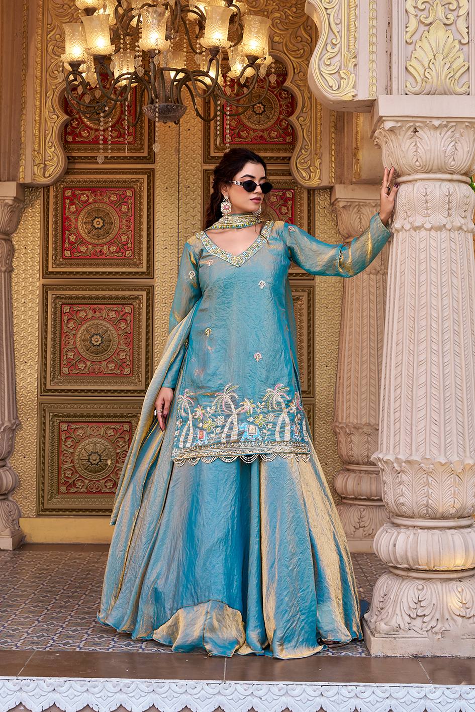Pink & Blue Pure Fendy Kurti Lehenga with Moti Embroidery & Dupatta Set