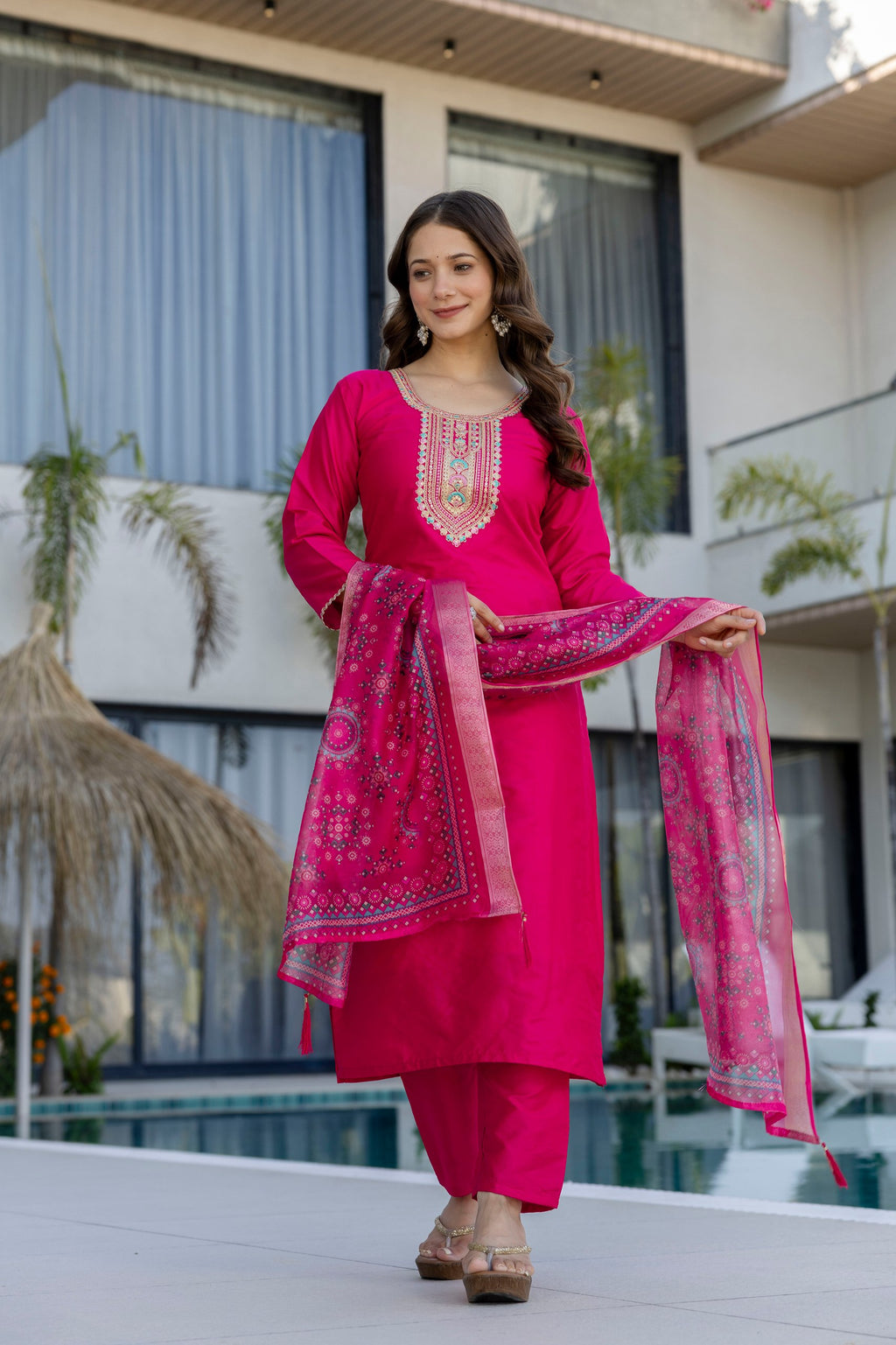 Women Ethnic Motifs Embroidered Regular Thread Work Chanderi Cotton Kurta with Trousers & With Dupatta