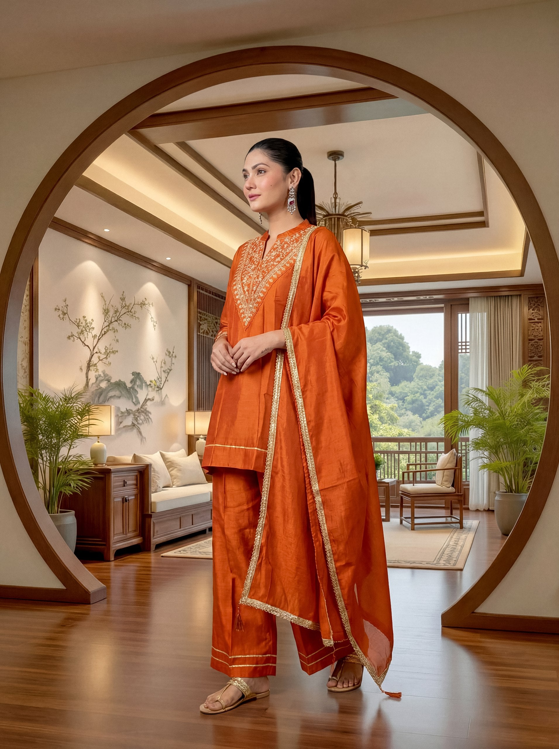 Embroidered Regular Sequinned Chanderi Silk Kurta with Palazzo & Dupatta