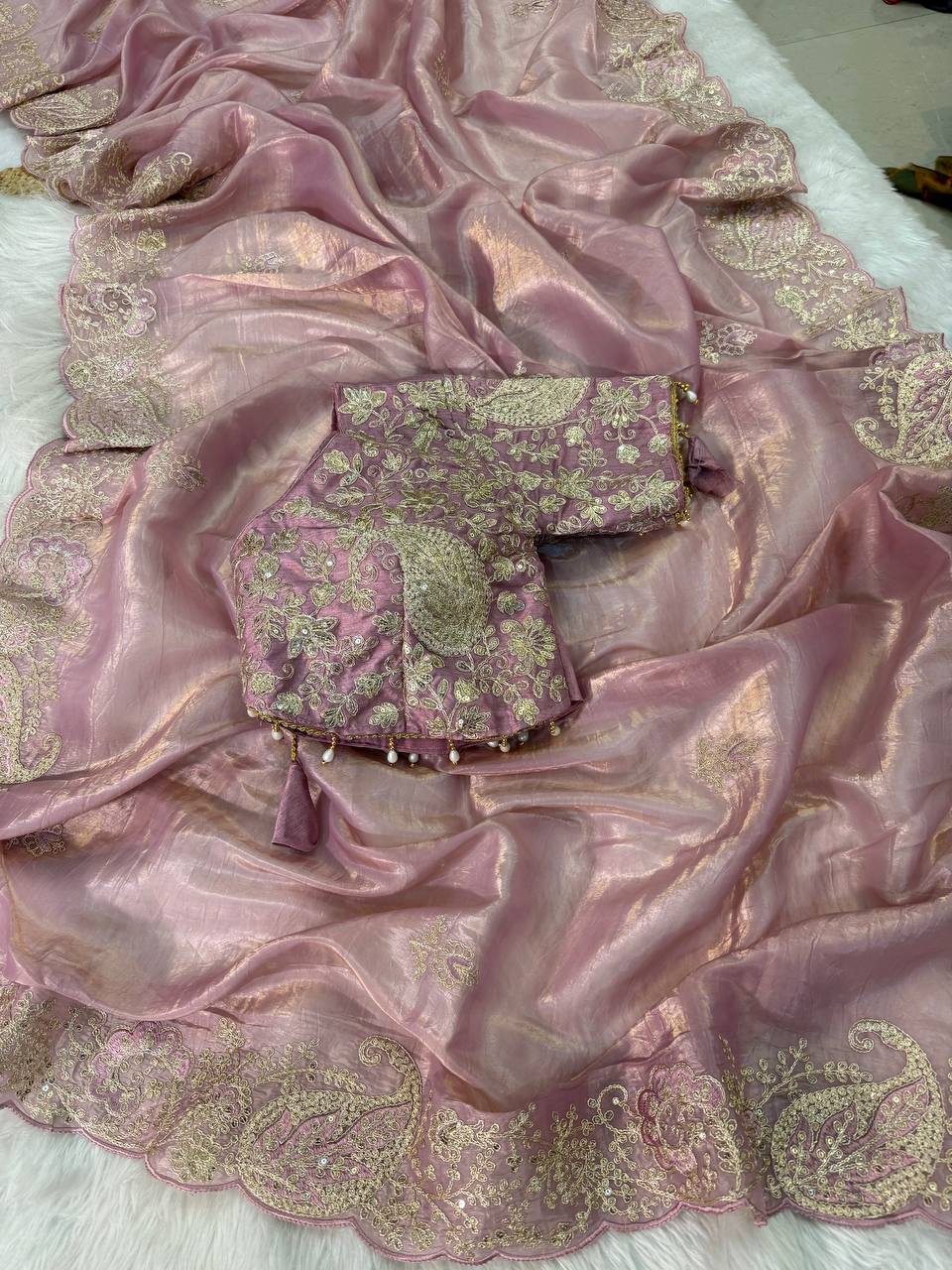 Elegant Crystal Crush Tissue Saree