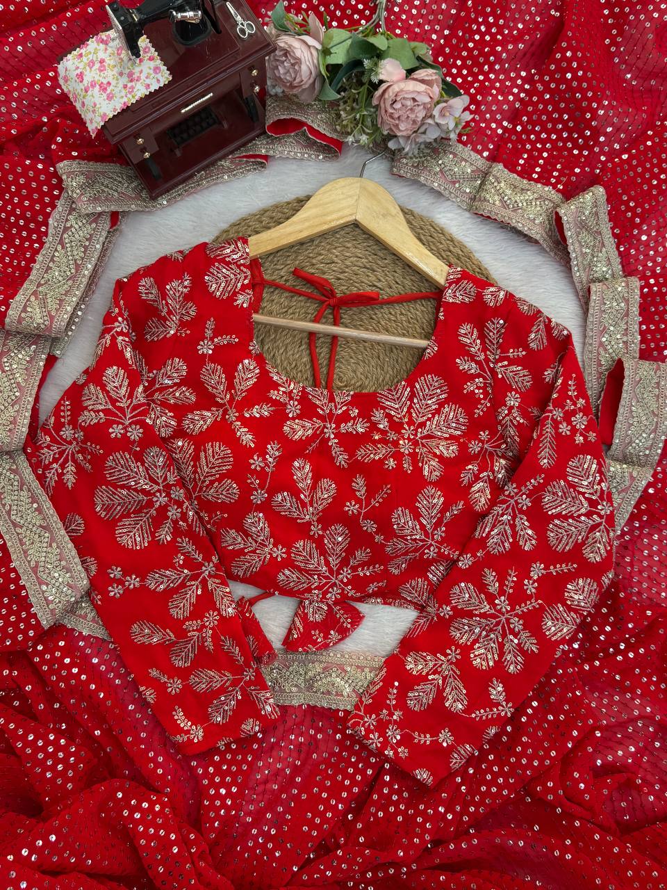 Faux Blooming Georgette Red Saree