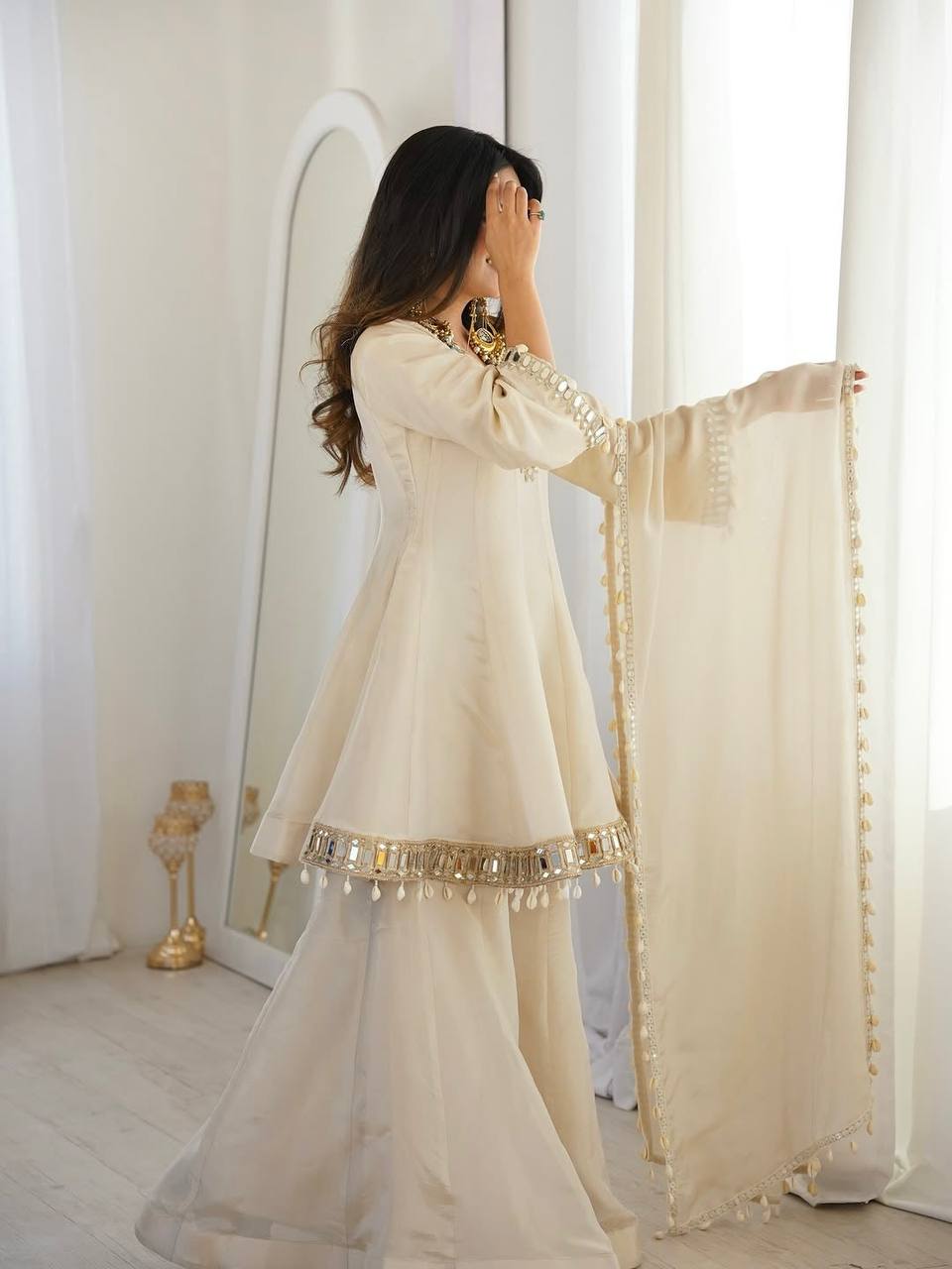 Premium Real Mirror Work Chinon Plazzo Set with Kodi Lace Dupatta for Festive and Party Wear