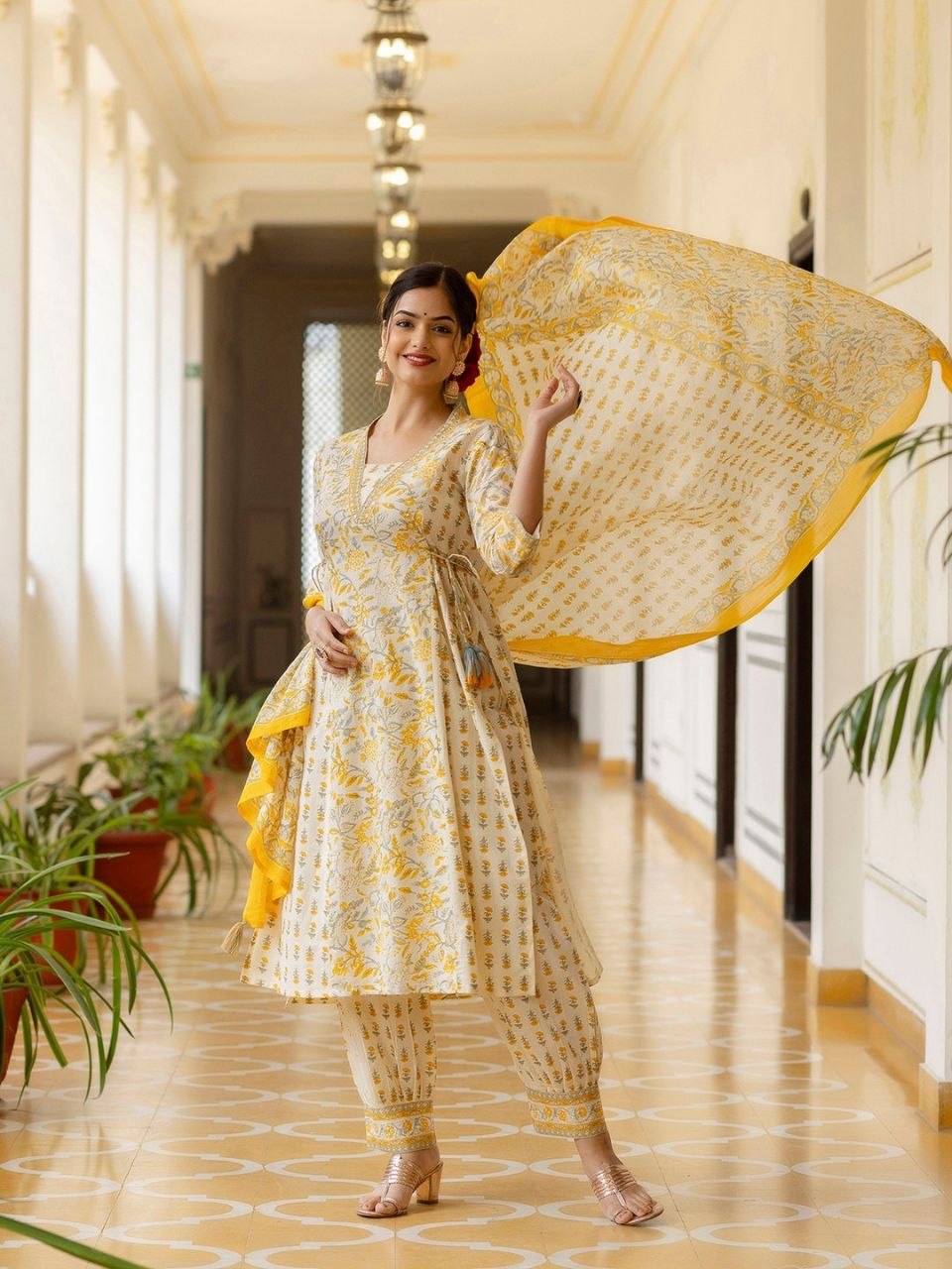 Women Ethnic Motifs Printed A-Line Kurta with Churidar & Dupatta