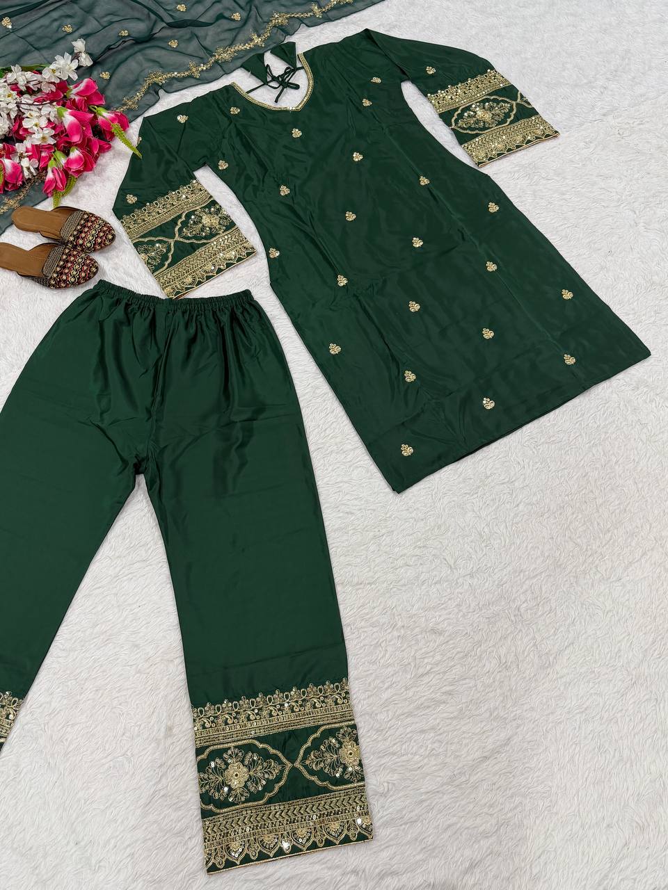 Emerald Green Sequence and Embroidery Suit Set