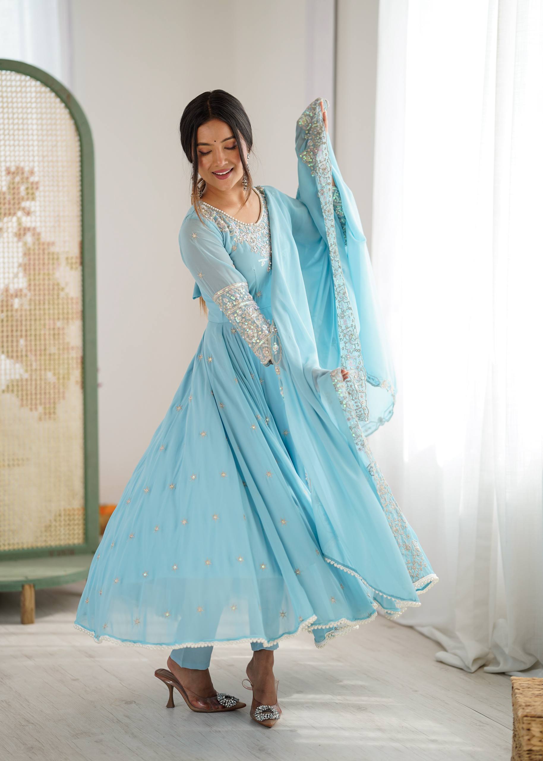 Floral Embroidered Sequinned Georgette Kurta With Palazzos & Dupatta