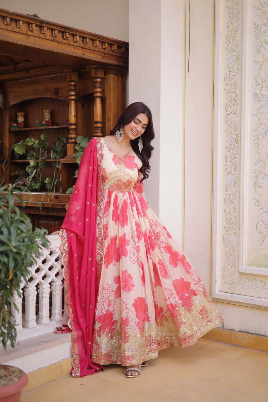 Beautiful Cream Floral Printed Silk Engagement Wear Anarkali Gown