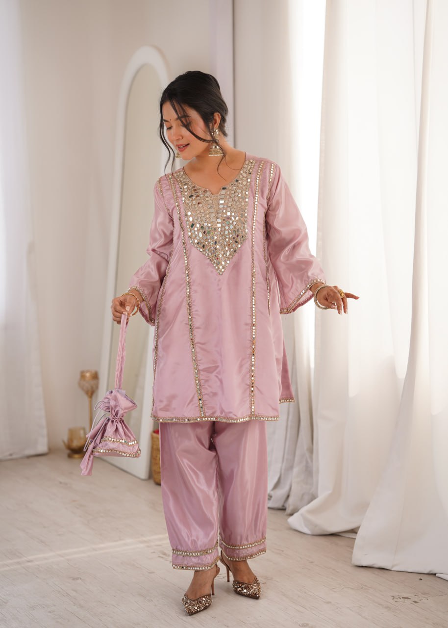 Pink Mirror Work Kurti Pant Set & Batwa