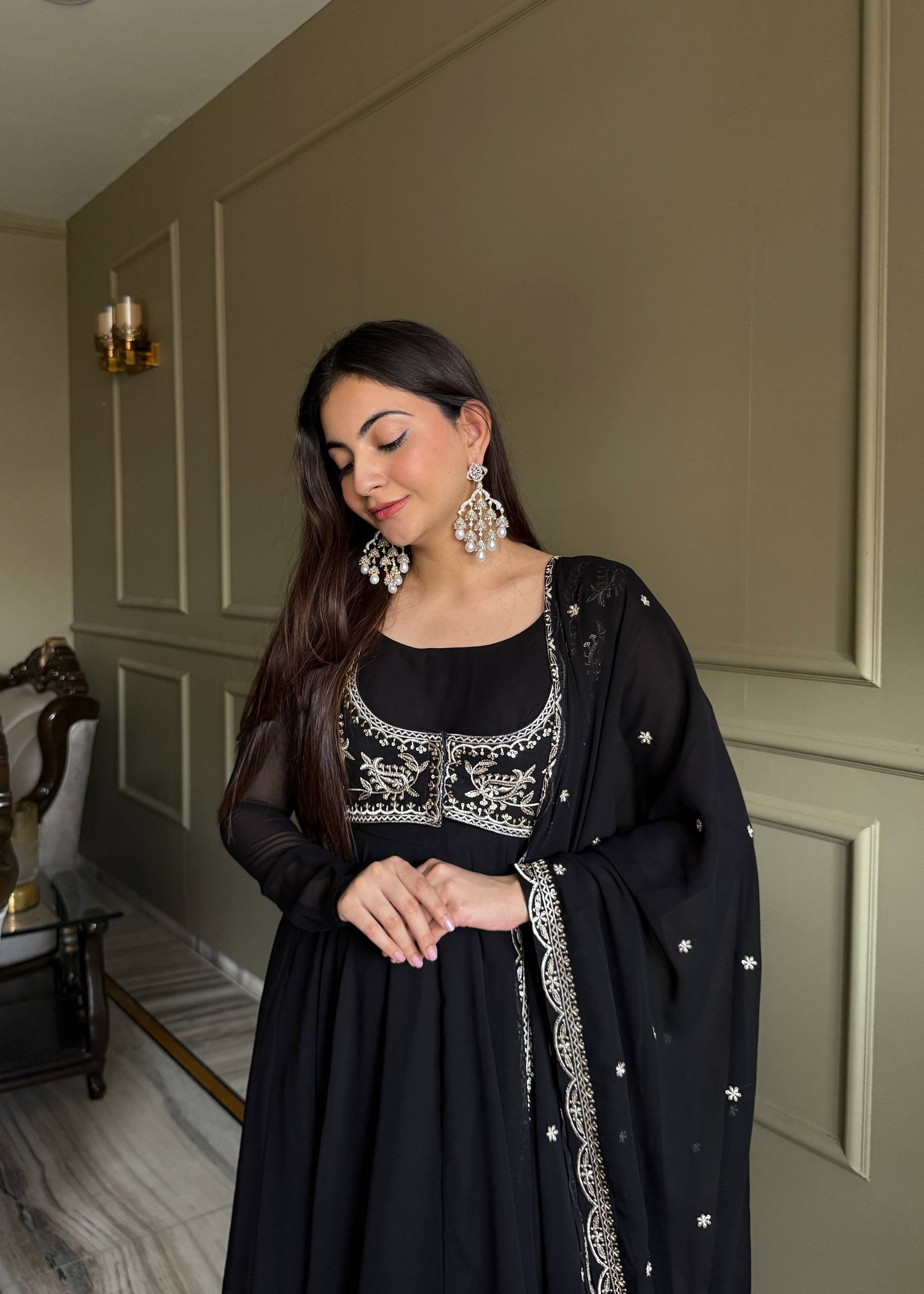 Black Color Faux Georgette Embroidered Anarkali Suit