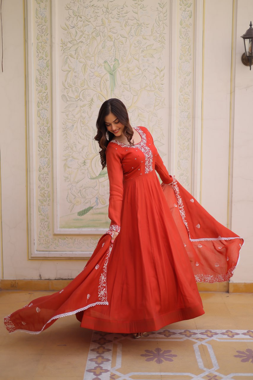 Sweet Rust Orange Bead Work Chanderi Wedding Wear Gown With Dupatta