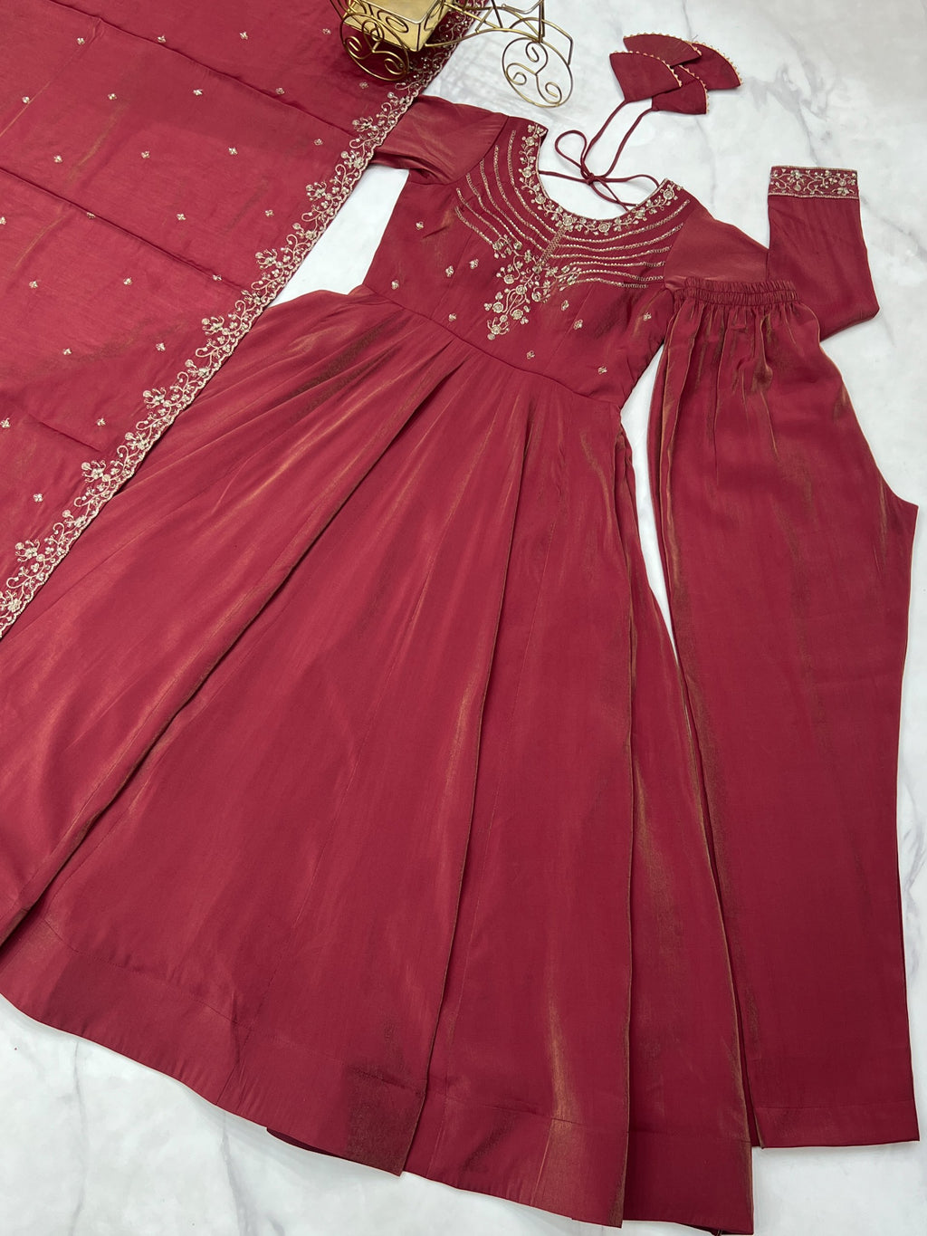 Maroon Chanderi Silk Anarkali Set with Handwork Beads