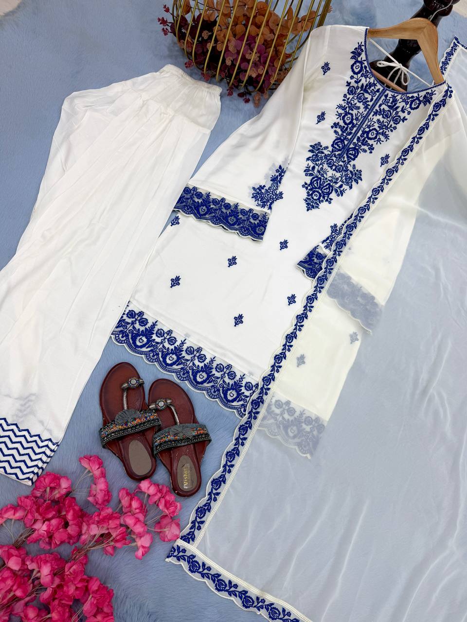 designer Party Wear Look Pur Rayon Cotton Top & Farshi Palazzo With Dupatta set