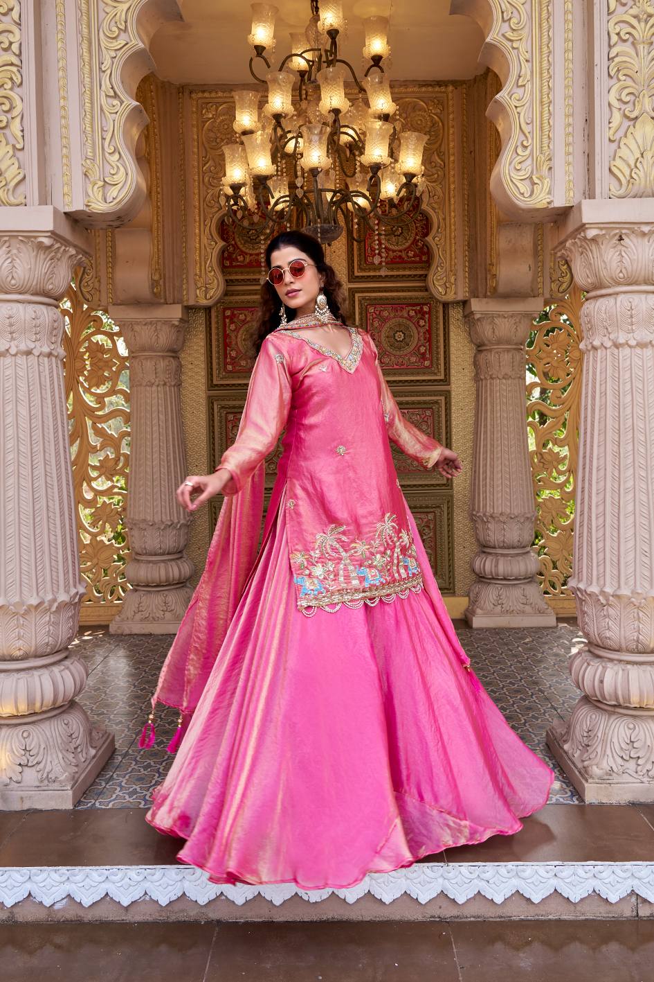 Pink & Blue Pure Fendy Kurti Lehenga with Moti Embroidery & Dupatta Set