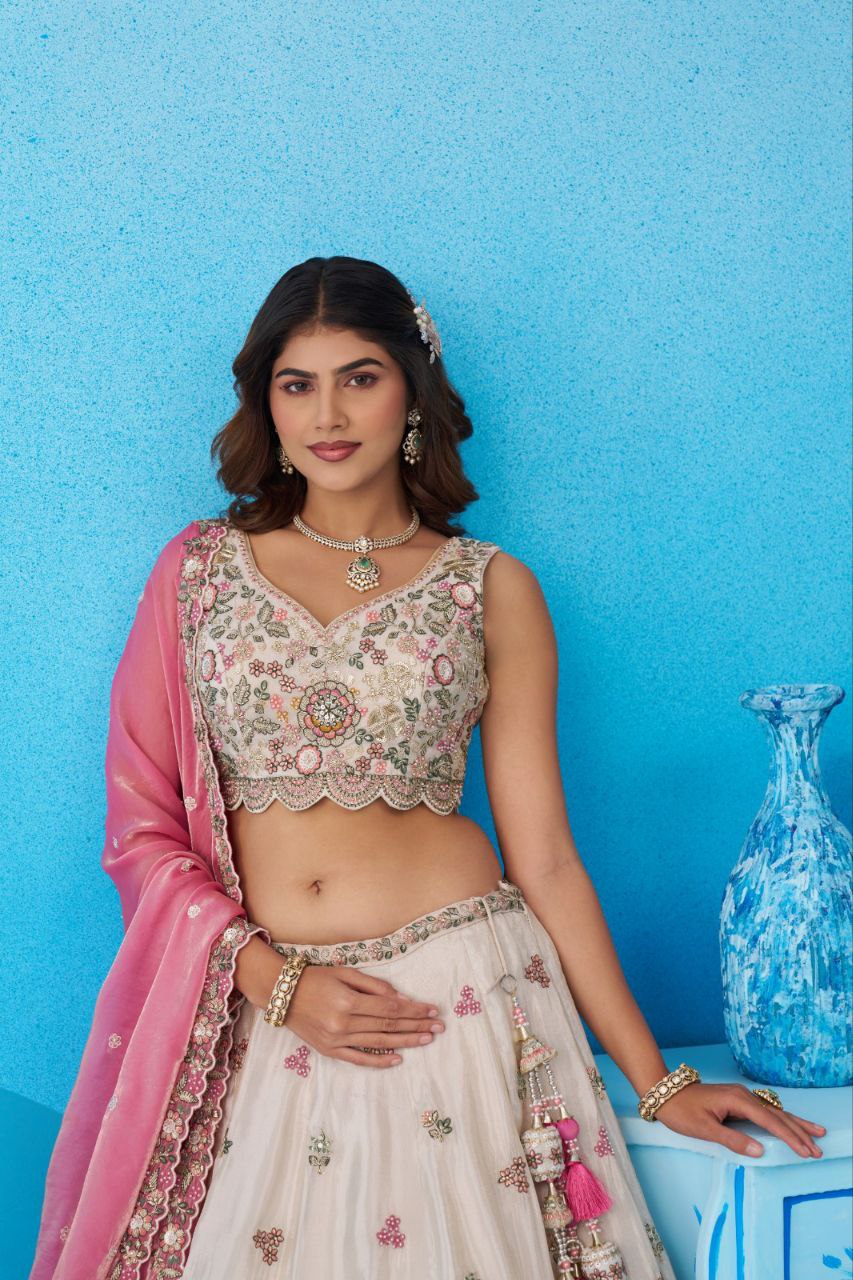 Women's Cream Tissue Sequins Embroidered Lehenga And Blouse With Dupatta