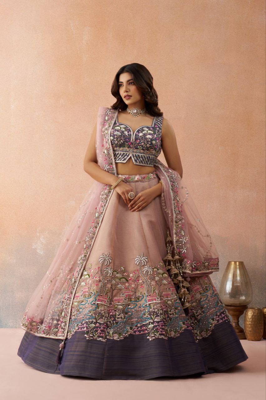 Embroidered Sequinned Semi-Stitched Lehenga & Unstitched Blouse With Dupatta