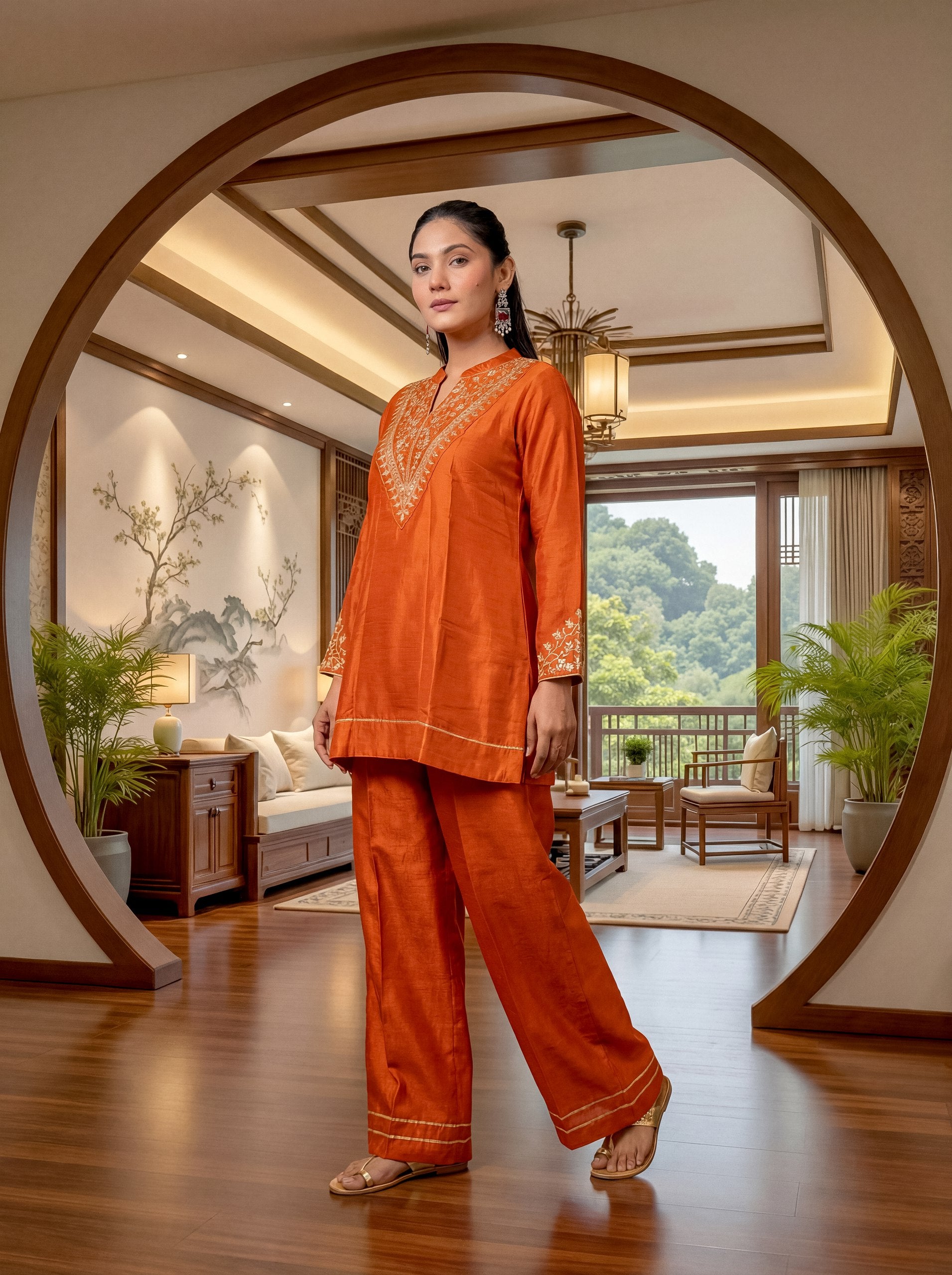 Embroidered Regular Sequinned Chanderi Silk Kurta with Palazzo & Dupatta