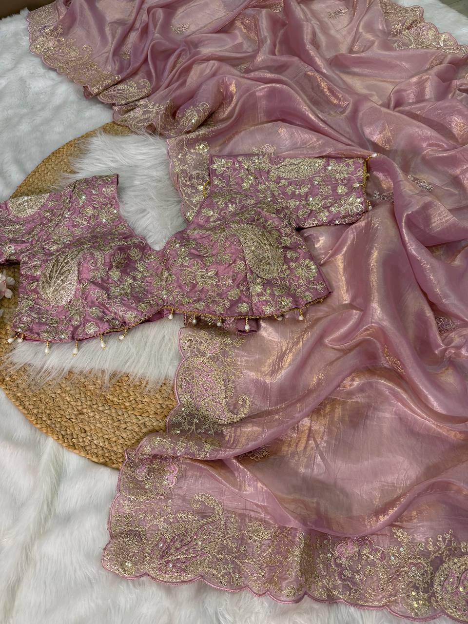 Elegant Crystal Crush Tissue Saree