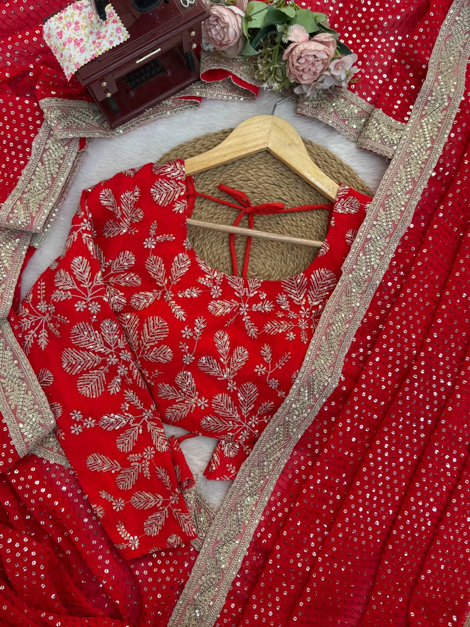 Faux Blooming Georgette Red Saree