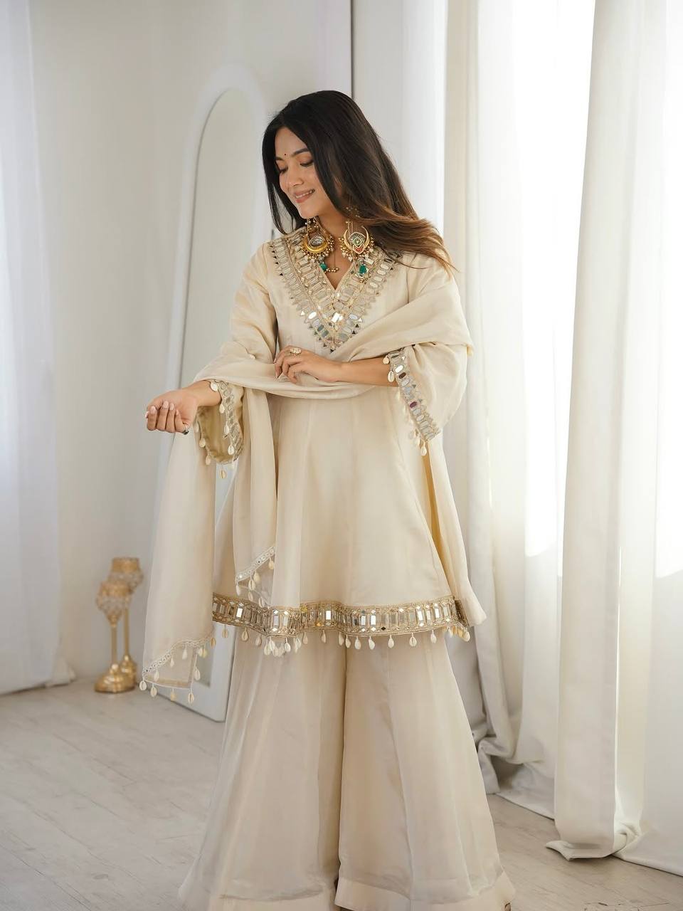 Premium Real Mirror Work Chinon Plazzo Set with Kodi Lace Dupatta for Festive and Party Wear