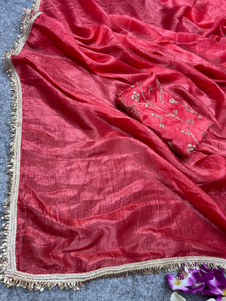 Premium Gold Crush Tissue Silk  Saree with Unstich Blouse 1