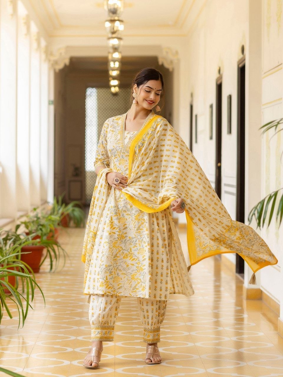 Women Ethnic Motifs Printed A-Line Kurta with Churidar & Dupatta