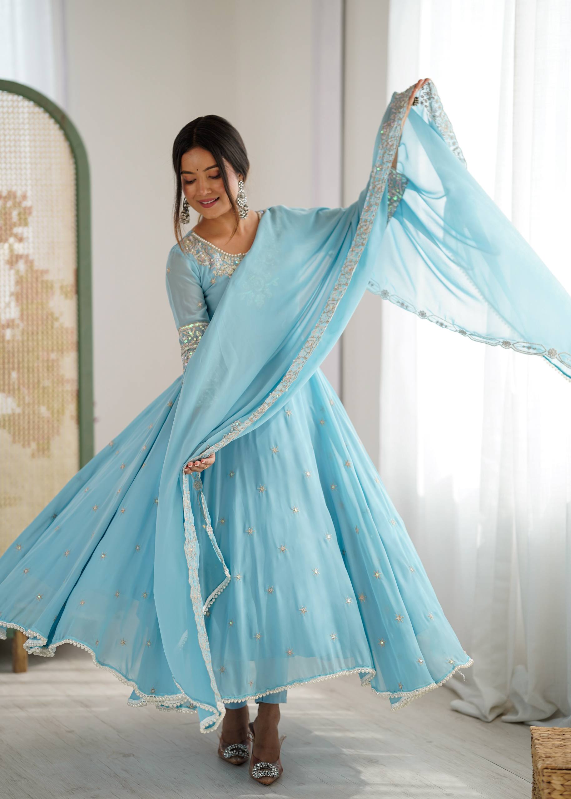 Floral Embroidered Sequinned Georgette Kurta With Palazzos & Dupatta