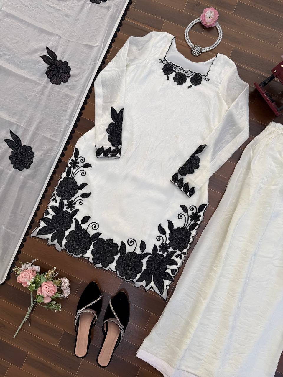 Easy Wear White Fendy Silk Embroidered Top Farshi Pant Set with Lace Dupatta