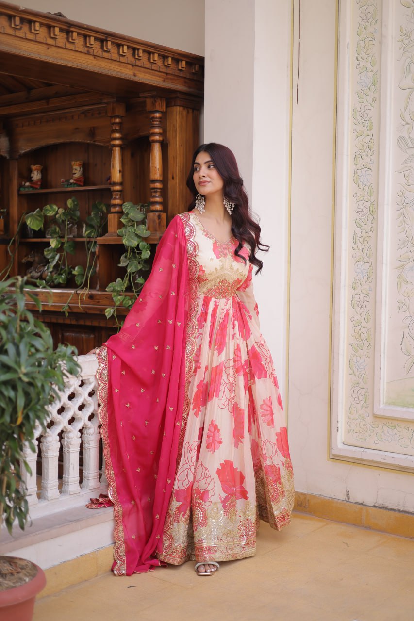 Beautiful Cream Floral Printed Silk Engagement Wear Anarkali Gown