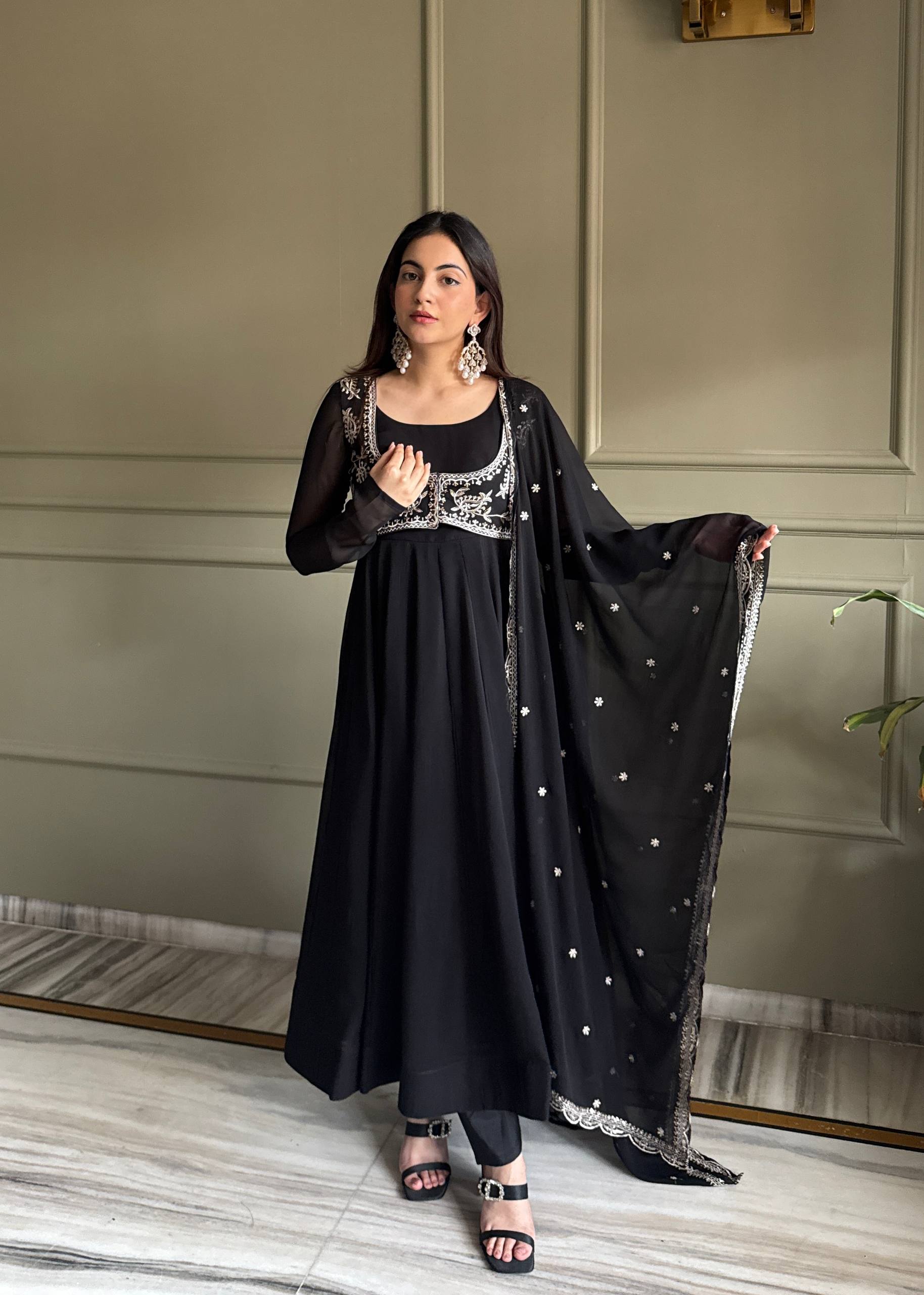 Black Color Faux Georgette Embroidered Anarkali Suit