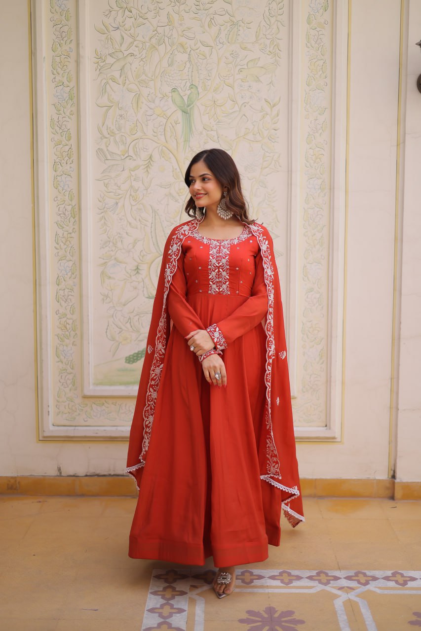 Sweet Rust Orange Bead Work Chanderi Wedding Wear Gown With Dupatta