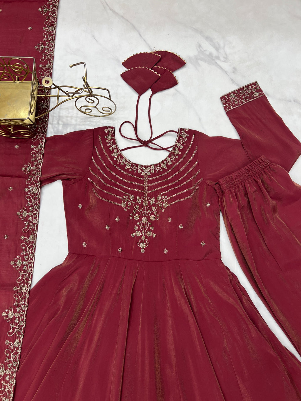 Maroon Chanderi Silk Anarkali Set with Handwork Beads