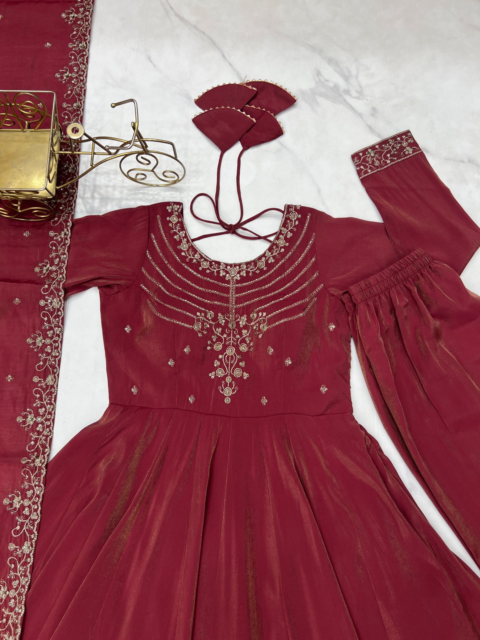 Maroon Chanderi Silk Anarkali Set with Handwork Beads