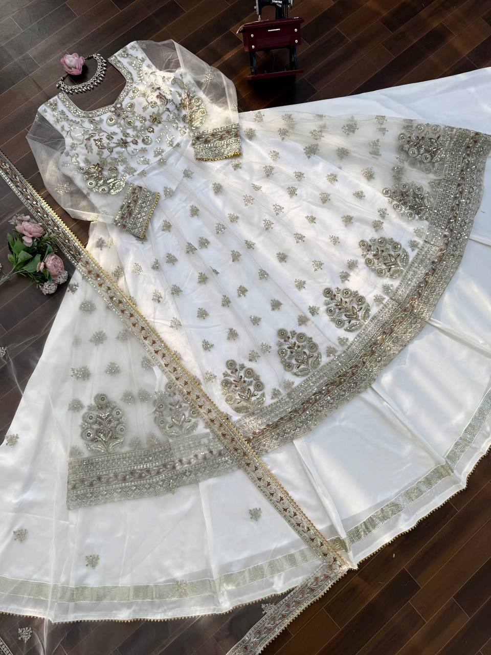 Stunning White Festive Wear Lehenga Gown With Gota Patti and Fancy Lace