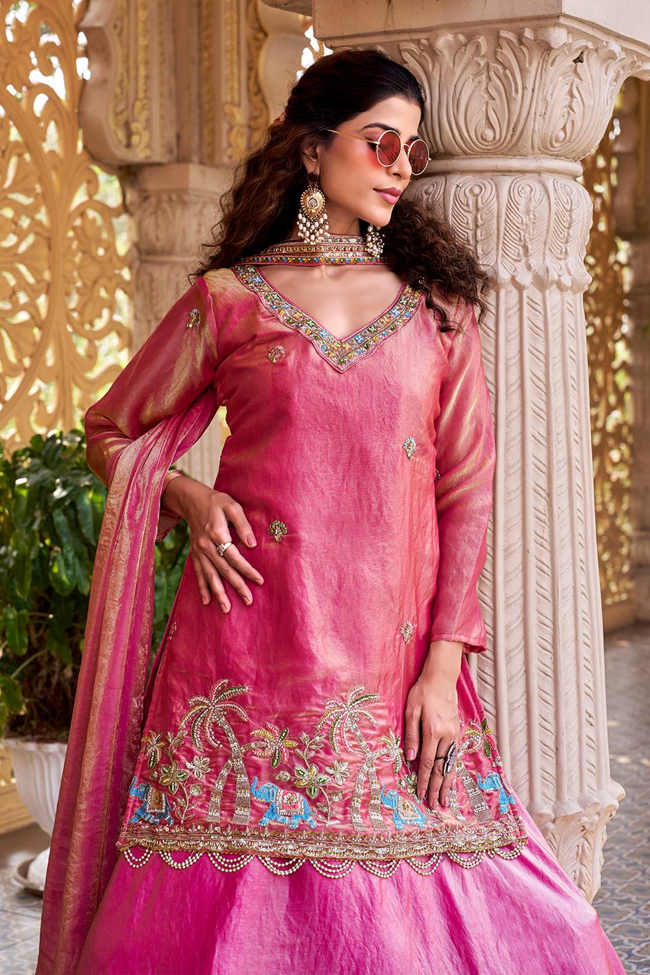 Pink & Blue Pure Fendy Kurti Lehenga with Moti Embroidery & Dupatta Set
