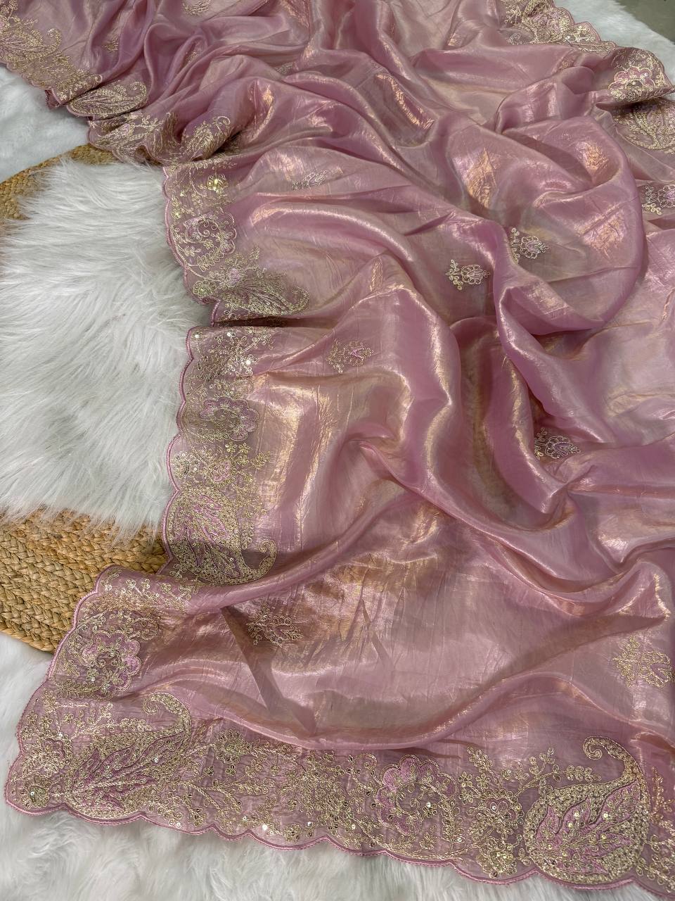 Elegant Crystal Crush Tissue Saree