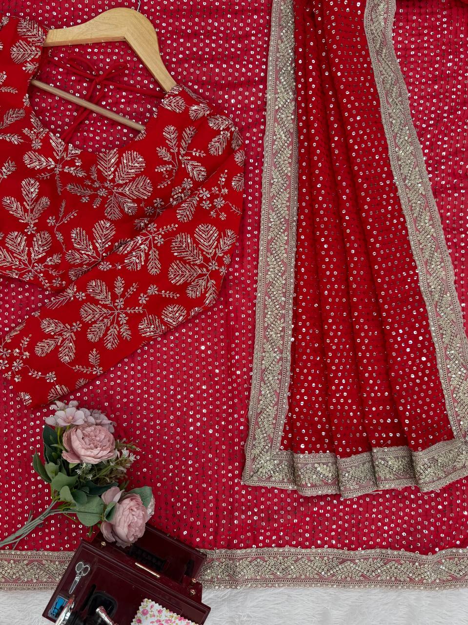 Faux Blooming Georgette Red Saree