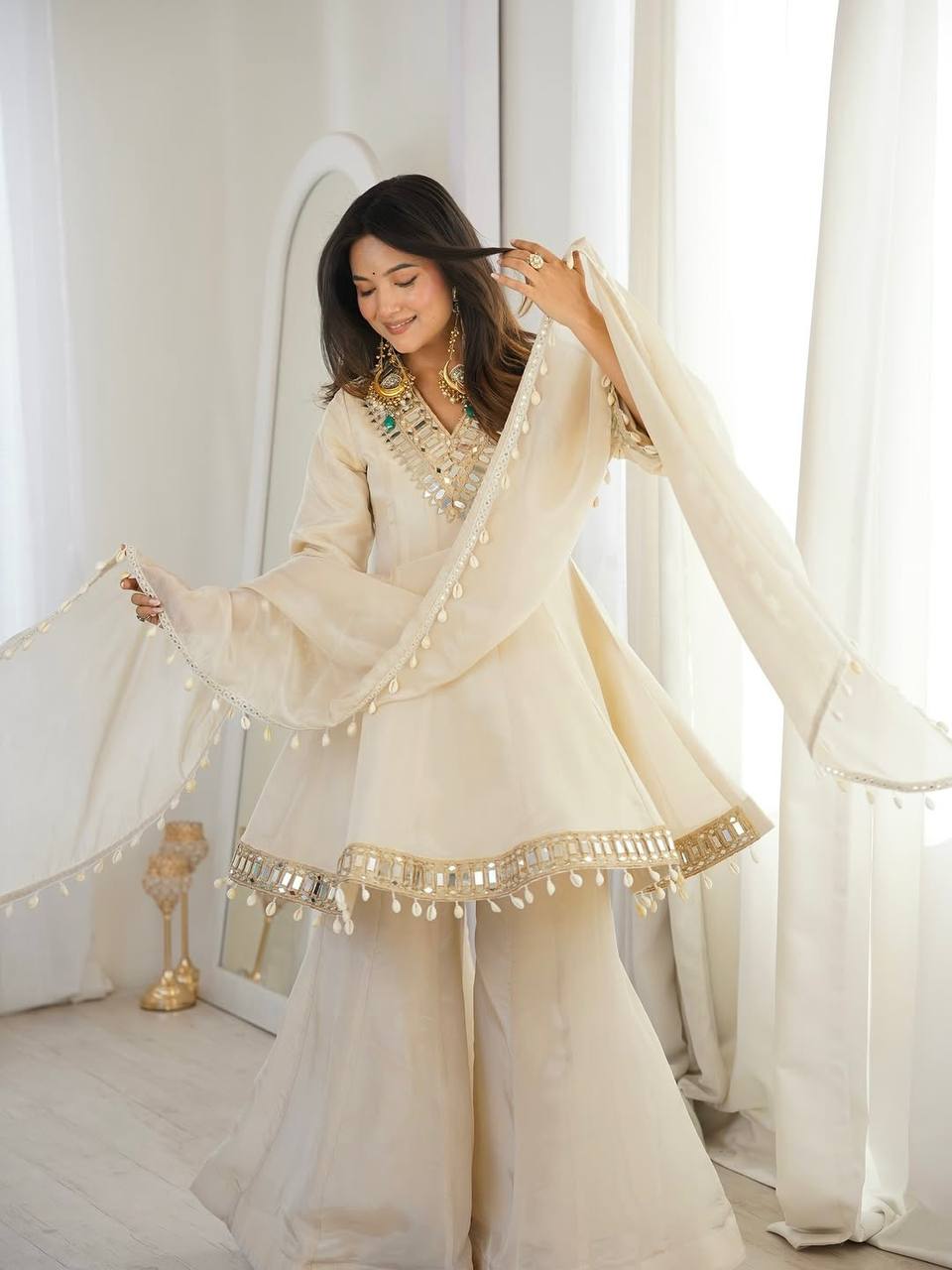 Premium Real Mirror Work Chinon Plazzo Set with Kodi Lace Dupatta for Festive and Party Wear