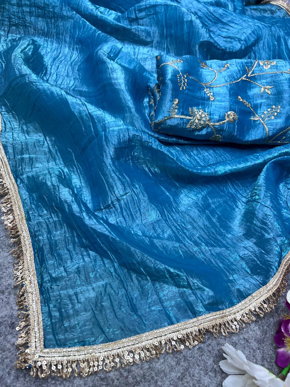 Premium Gold Crush Tissue Silk  Saree with Unstich Blouse 2