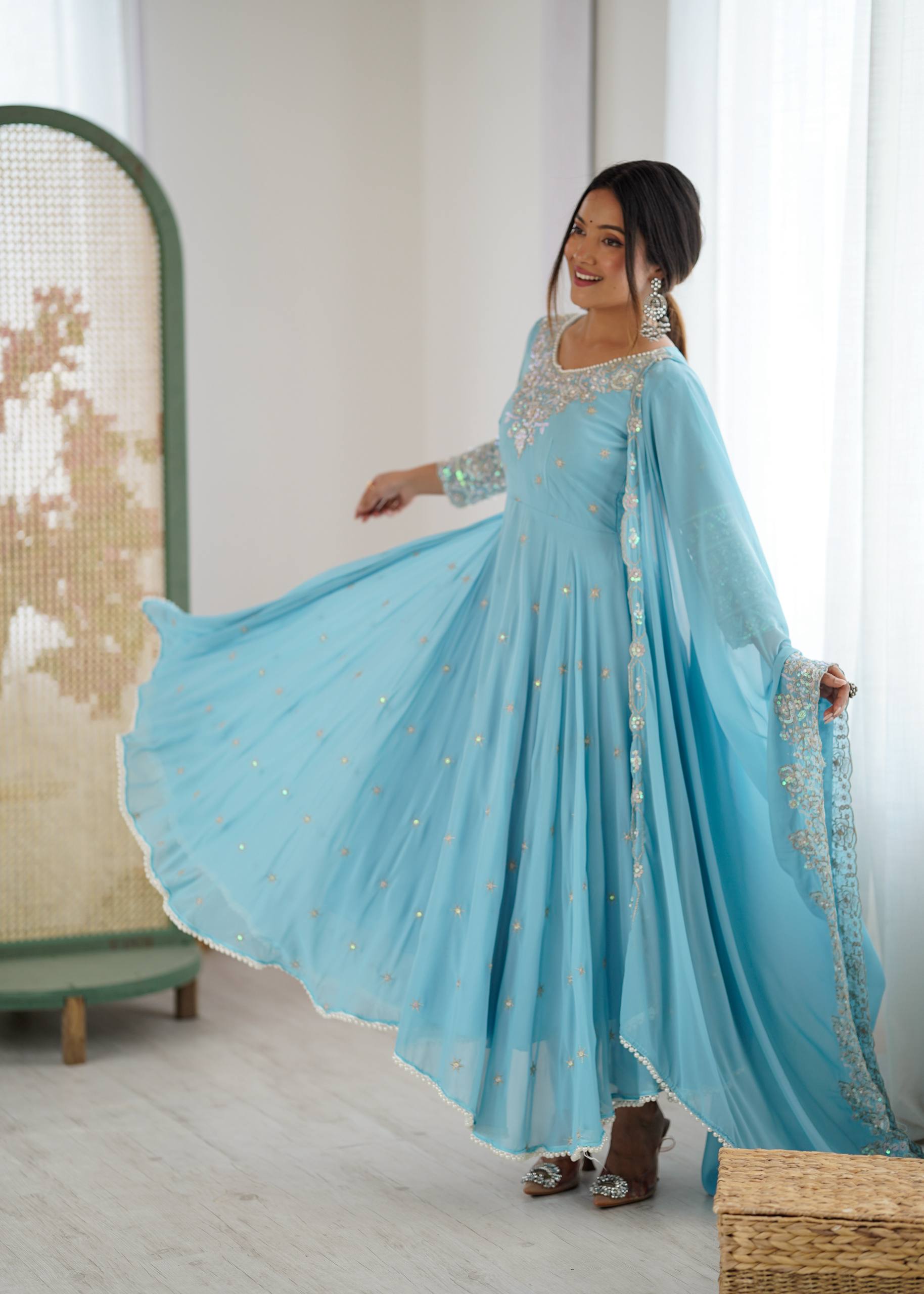 Floral Embroidered Sequinned Georgette Kurta With Palazzos & Dupatta