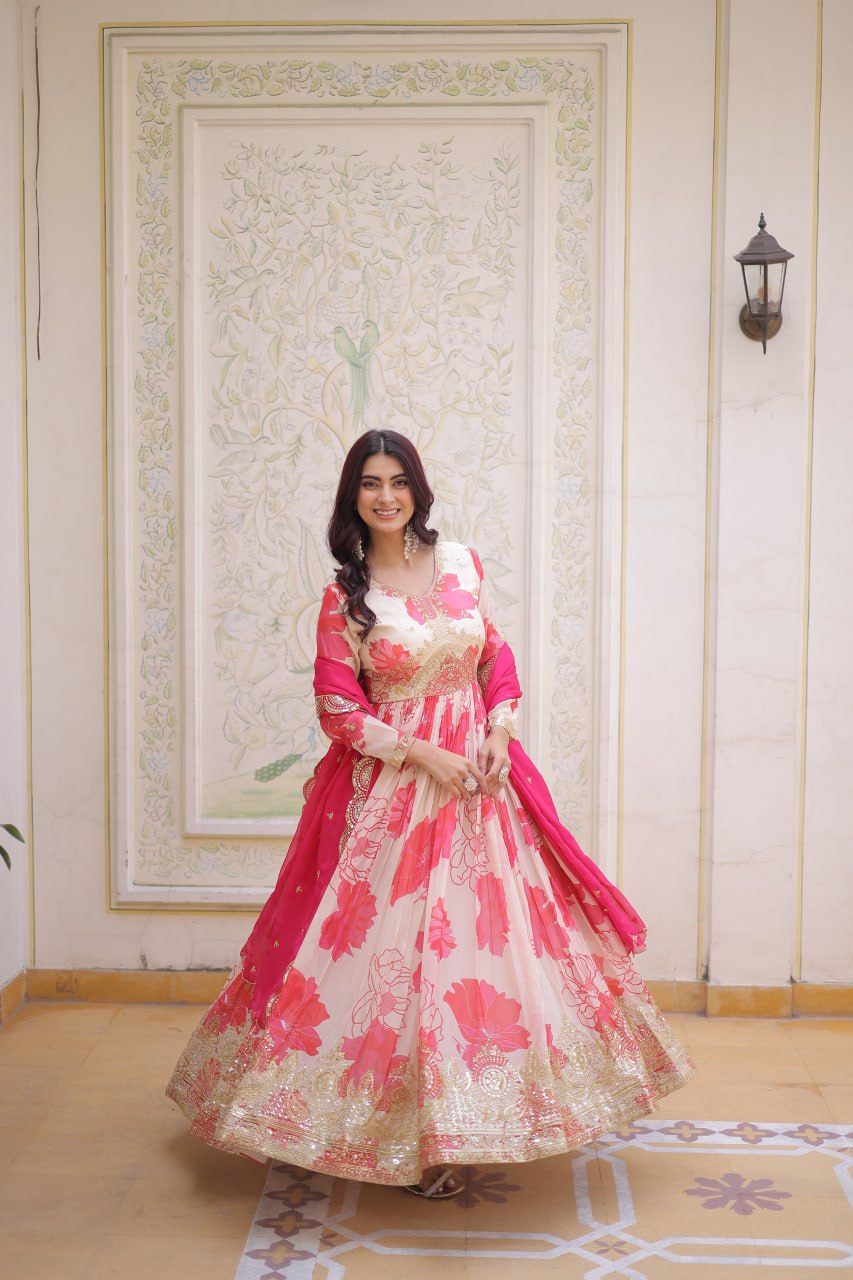Beautiful Cream Floral Printed Silk Engagement Wear Anarkali Gown