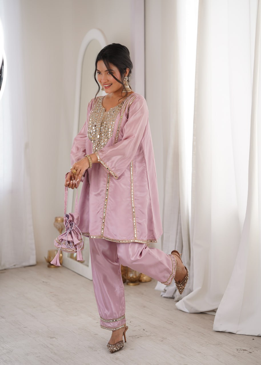 Pink Mirror Work Kurti Pant Set & Batwa