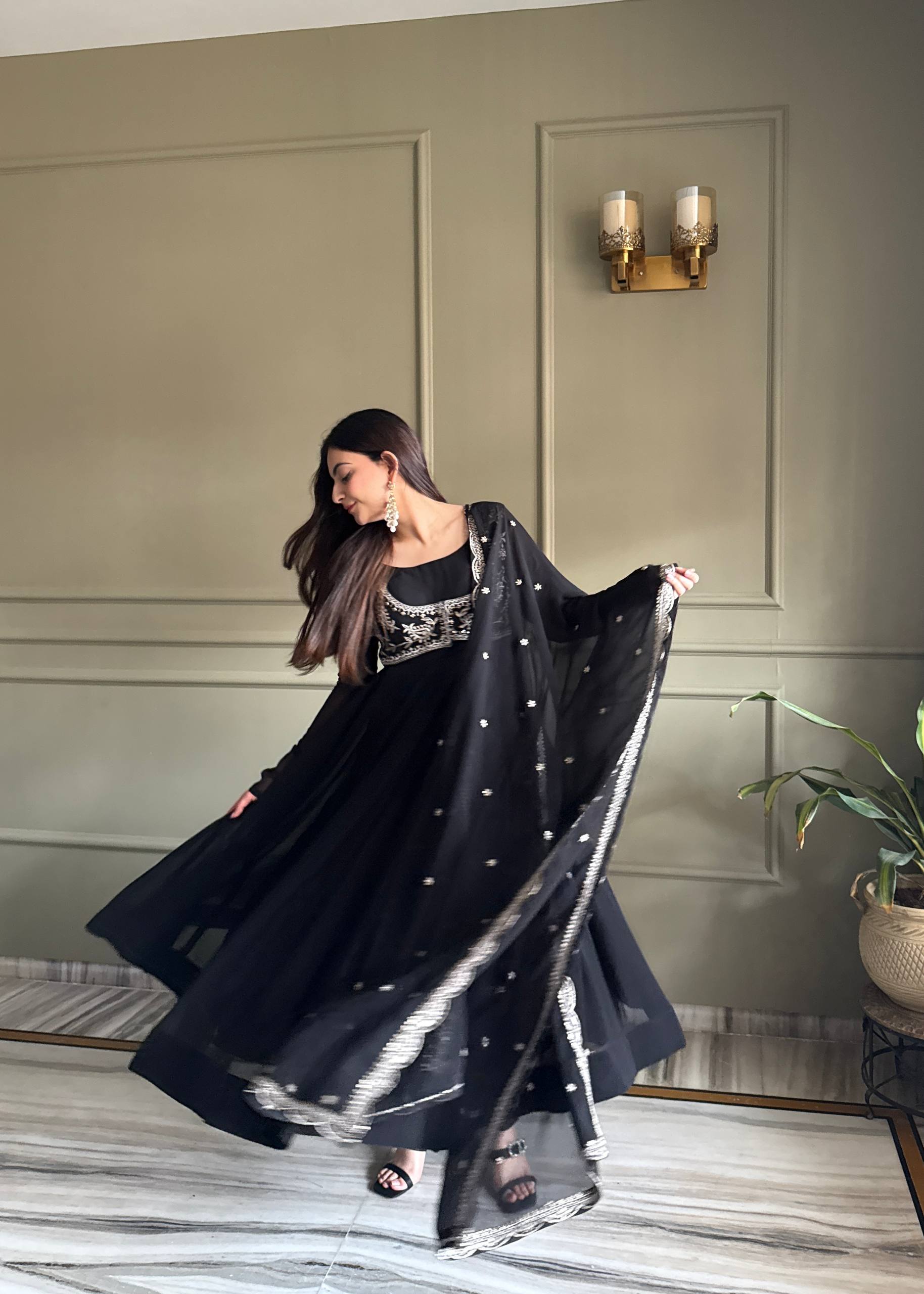 Black Color Faux Georgette Embroidered Anarkali Suit