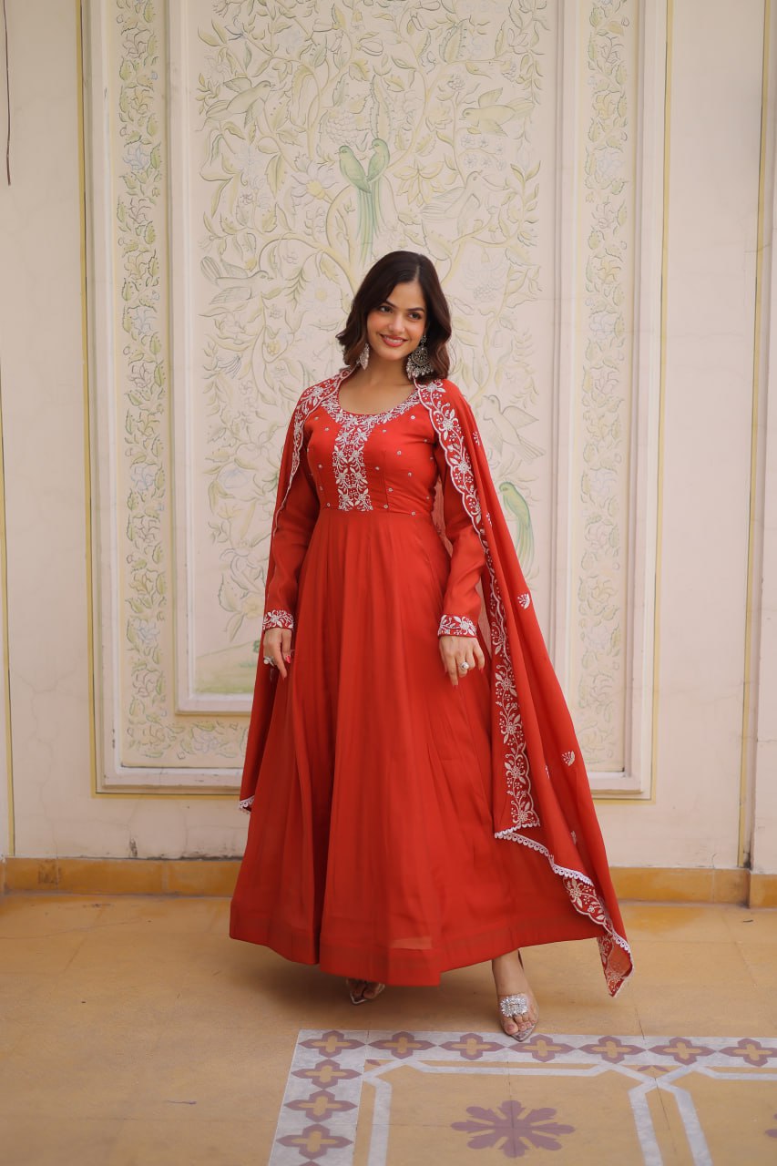 Sweet Rust Orange Bead Work Chanderi Wedding Wear Gown With Dupatta